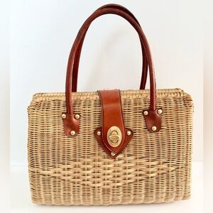 Vintage Marchioness 50s Woven Basket Top Handle Purse Bag Leather Turn Lock
